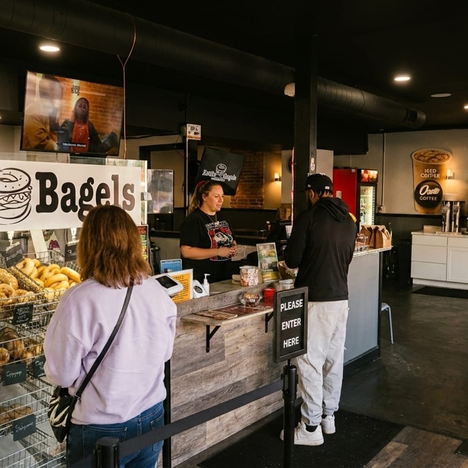 Customers ordering at the counter of Kettle Bagels, with a display of fresh bagels in the foreground.