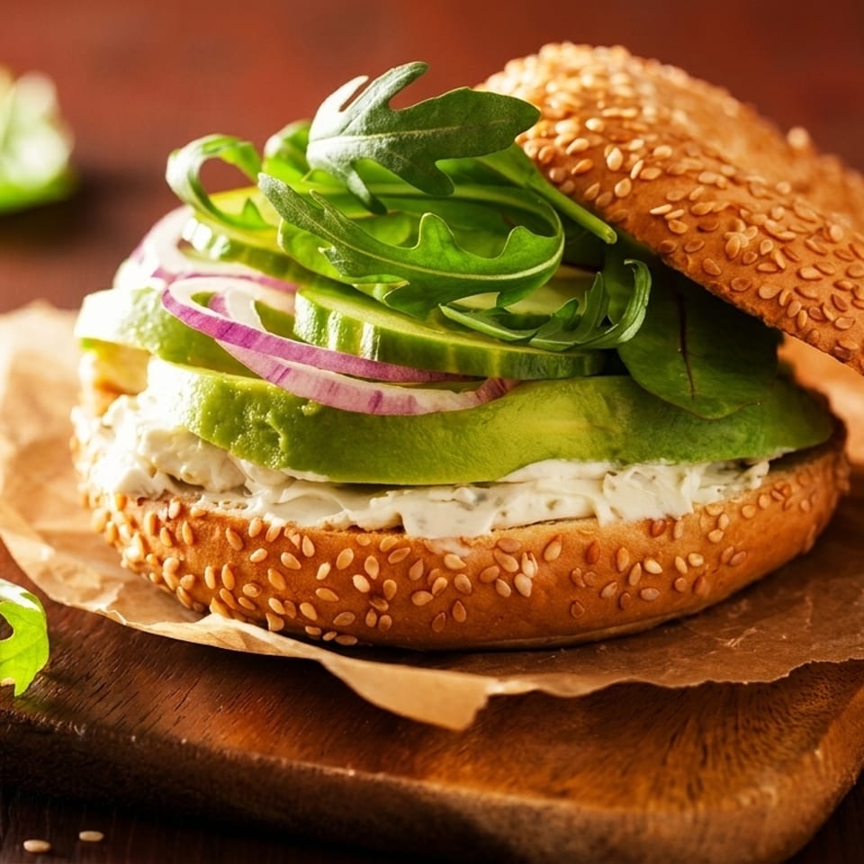 Sesame bagel sandwich with cream cheese, avocado, cucumber, red onion, and arugula on a wooden board.