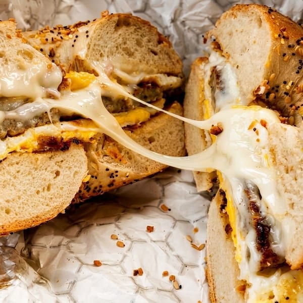 Close-up of a sliced everything bagel breakfast sandwich with melted cheese, egg, and sausage.
