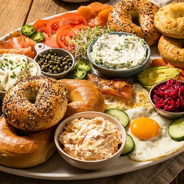 A large platter of bagels, smoked salmon, cream cheese, capers, pickles, and fried eggs.