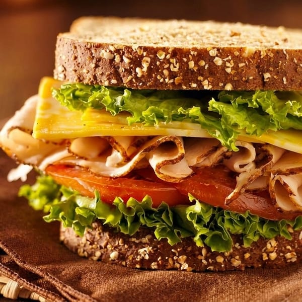 Hearty turkey and cheese sandwich on whole wheat bread with lettuce and tomato, on a brown napkin.