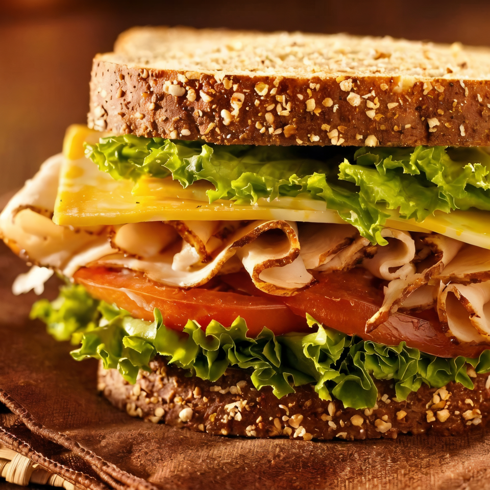A delicious turkey and cheese sandwich on whole wheat bread with lettuce and tomato.