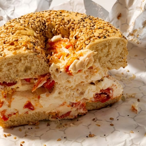 Everything bagel with cream cheese and sun-dried tomatoes, resting on crumpled white paper.