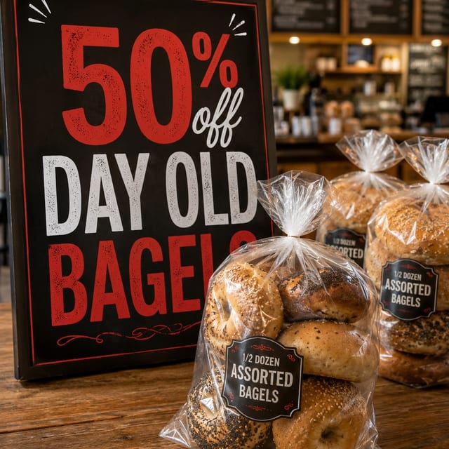 Day Old Bagels 50% OFF (Half Dozen-6 pcs).